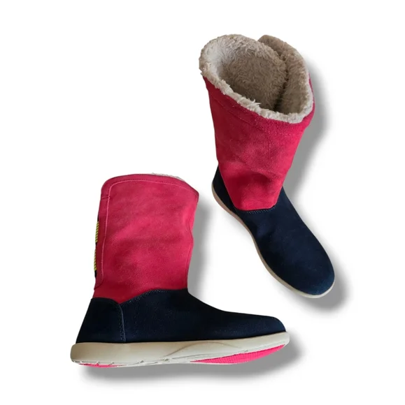 CROCS Women's Adela Foldover Fuzz Suede Booties Pink Poppy/Yellow Stucco/Navy - Picture 8 of 16